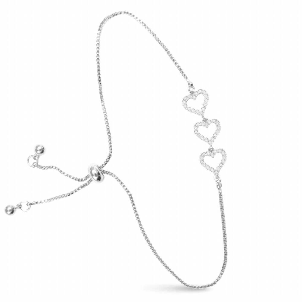 NEW AMANDA BLU women's triple heart pull-cord bracelet in silver